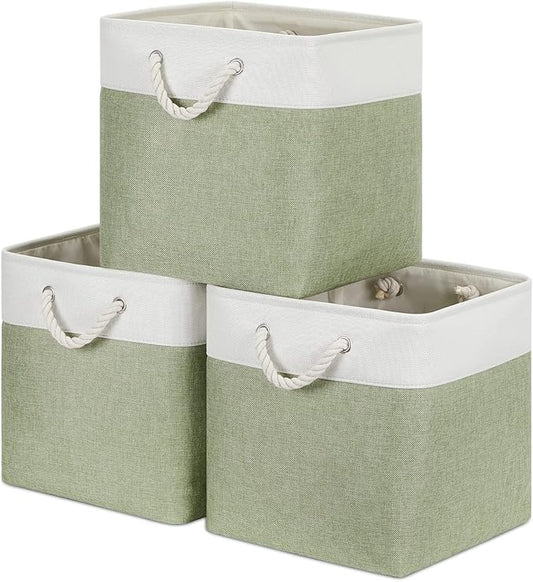 Bidtakay Cubby Storage Bins Set of 3 Fabric Baskets for Shelves Closet Drawer Organizer Storage Cubes 13x13 Collapsible Organization Baskets for Nursery Toy Shelf (White&green)-CubbioJoy