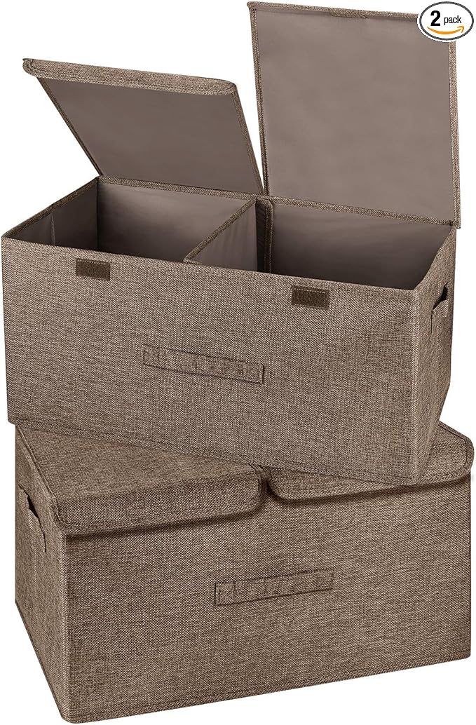 2 Pack Large Storage Boxes with Lids and Handles, Collapsible Linen Storage Bins Organizer Containers Baskets Cube with Removable Divider for Home Bedroom Closet Office (Coffee, Large)-CubbioJoy