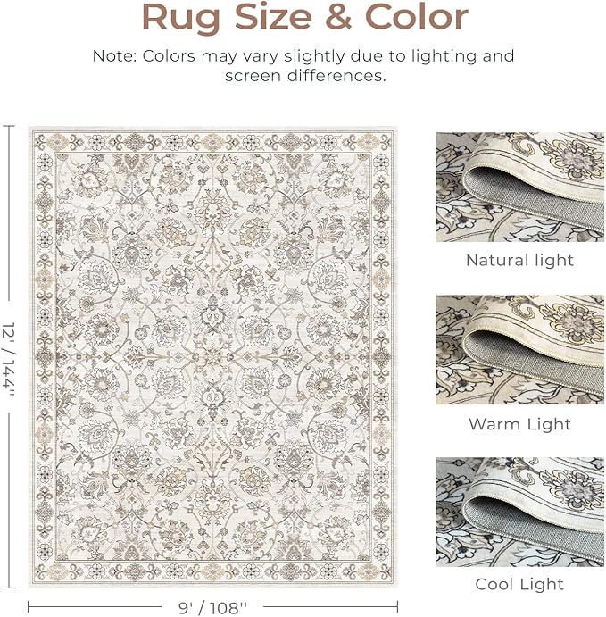 9x12 Neutral Area Rug for Living Room, Washable Large Rugs, Vintage Floral Soft Carpet, Non Slip & Low Pile, Wool Carpets for Indoor Bedroom Dining Home Playroom Office Under Table, Beige-CubbioJoy