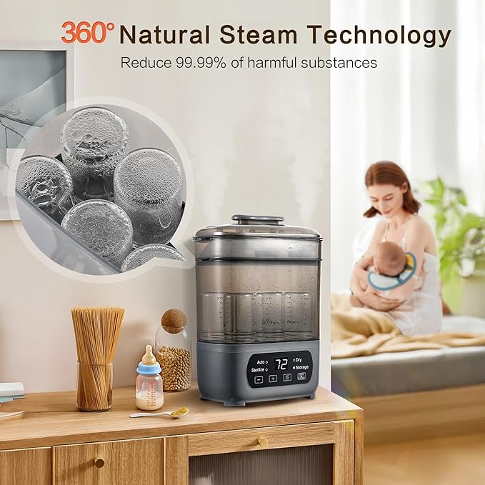 4-in-1 Baby Bottle Steamer and Dryer, Electric Steamer with Fast Drying, Universal Fit for All Bottles, LED Touch Screen & Auto Shut-Off Protection (Grey)-CubbioJoy