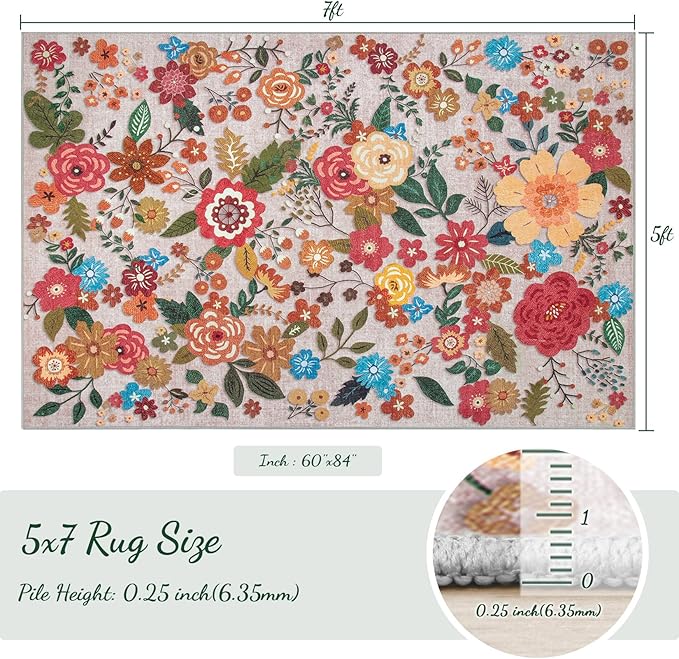 Area Rug Living Room Rugs: 5x7 Washable Rug Vintage Floral Soft Boho Non Slip Carpet Indoor Floor Non Shedding Low Pile Thin Carpets for Bedroom Dining Room Farmhouse Nursery Home Office Beige-CubbioJoy