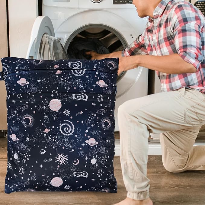 2pcs Travel Waterproof Laundry Bag, Cloth Diaper Wet Dry Bags with Handle & 2 Zipper Pockets, Reusable Washable Dirty Clothes Bag for Baby Adult Travelling Hanging, Bathing Beach Pool Daycare-CubbioJoy