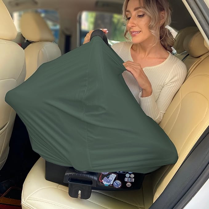 Breathable Car Seat Cover for Babies – Multi-Purpose Soft Rayon Nursing Cover for Breastfeeding, High Stretchy Infant Carseat Canopy, Stroller Cover (Smooth Rayon, Roman Green)-CubbioJoy
