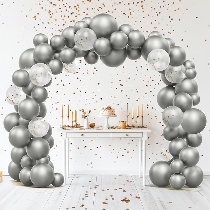 JOYIN 150 Pcs Metallic Silver Balloons, Different Sizes 18 12 10 5 Inch Silver Latex Balloon Arch Kit with Instruction for Birthday Party Graduation Wedding Holiday Decoration-CubbioJoy