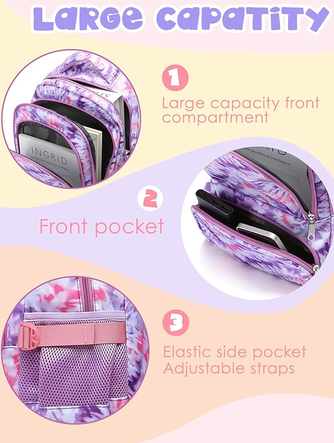 BLUEFAIRY Kids Backpack for Girls Elementary Primary Middle School Bag for Aged 8-10 for Teens Childs Bookbag Back to School Bag Mochilas Escolares para Niñas de 7 8 9 10 Tie-dye Purple-CubbioJoy