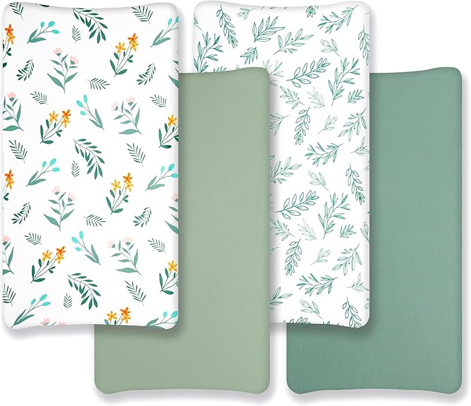 4 Pack Sage Green Fitted Nursery Sheets Breathable Neutral Unisex Baby Sheets for Boys or Girls with Leaf and Flower Design (Changing Pad Cover)-CubbioJoy