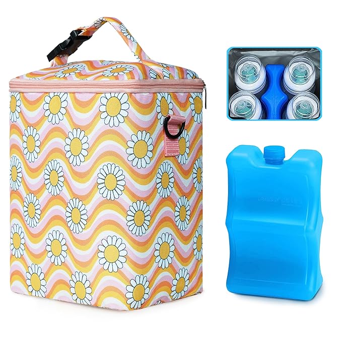 Breastmilk Cooler Bag with Ice Pack Fits 4 Baby Bottles Up to 9 Ounce Insulated Baby Bottle Bag Breast Milk Cooler on The Go with Strap Baby Bottle Cooler Bag for Nursing Mom Daycare or Travel-CubbioJoy