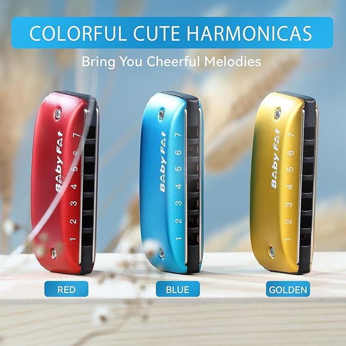 BabyFat 7 Hole Blues Mini Harmonica Set,Diatonic Harmonica with free lanyards,Gifts for Kids and Beginners,Easy-playing Musical Instrument(A Key）-CubbioJoy