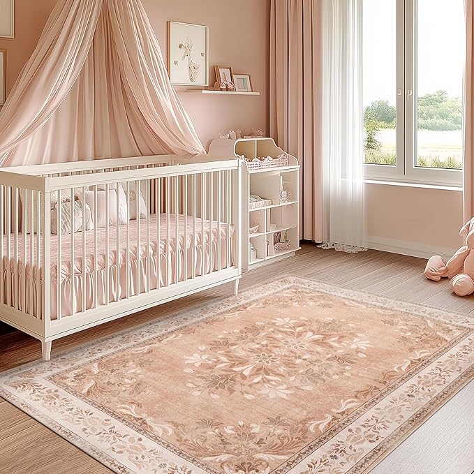 jinchan Vintage Floral 4x6 Area Rugs - Machine Washable Distressed Design Soft Ultra-Thin Low-Pile Non-Slip Carpet for Entryway Kitchen Bedroom Nursery Living Room Dining Room (4x6ft,Coral Pink)-CubbioJoy