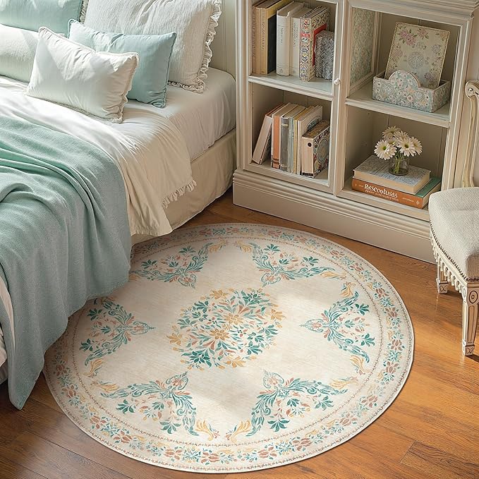 jinchan Round Rug 4ft Area Rugs Vintage Floral Distressed Design,Machine Washable Soft Non-Slip Low-Pile Ultra-Thin Circle Rug for Entryway Bedside Living Room Kitchen Nursery (4' Round,Apricot Multi)-CubbioJoy