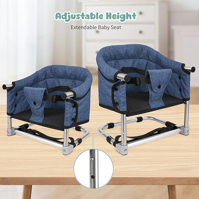 Booster Seat for Dining Table: Portable Toddler Booster Chair with Safety Buckle and Height Adjustable, Foldable Baby Feeding Chair, Kids High Chair Booster Seat for Kitchen Home Travel - Navy Blue-CubbioJoy