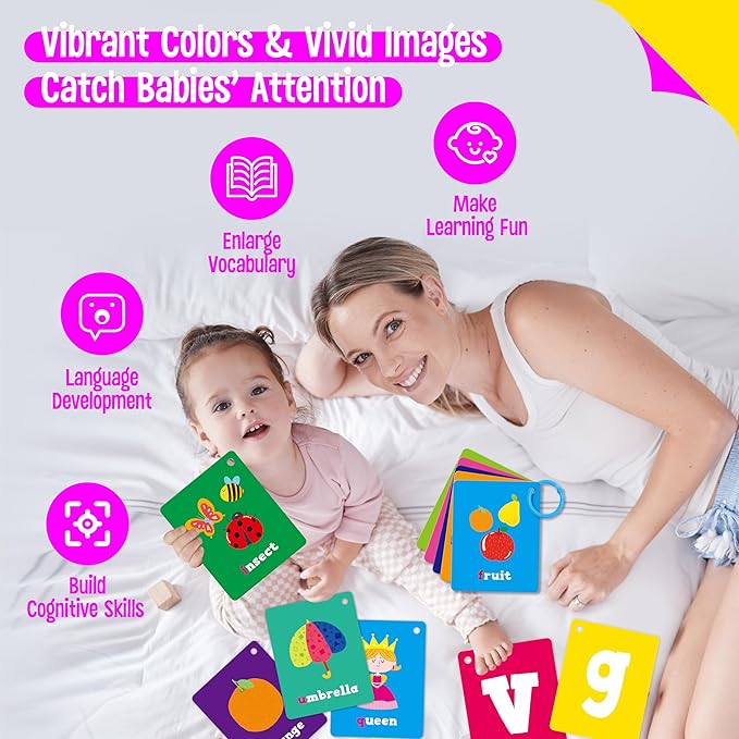 52 PCS Baby Visual Stimulus Cards, Double-Sided High Contrast Black and White, Colorful Alphabet Words Flashcards, Visual Sensory Development Montessori Cards Set for Newborn Baby, Kids, Preschool-CubbioJoy