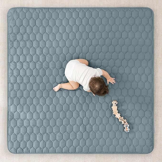 Comfy Cubs Square Kids Play Mat - 56 x 56 inches Soft Quilted Baby Floor Mat with Non-Slip Bottom - Plush Design for Toddlers' Playtime and Relaxation - Comfortable and Durable - Pacific Blue-CubbioJoy