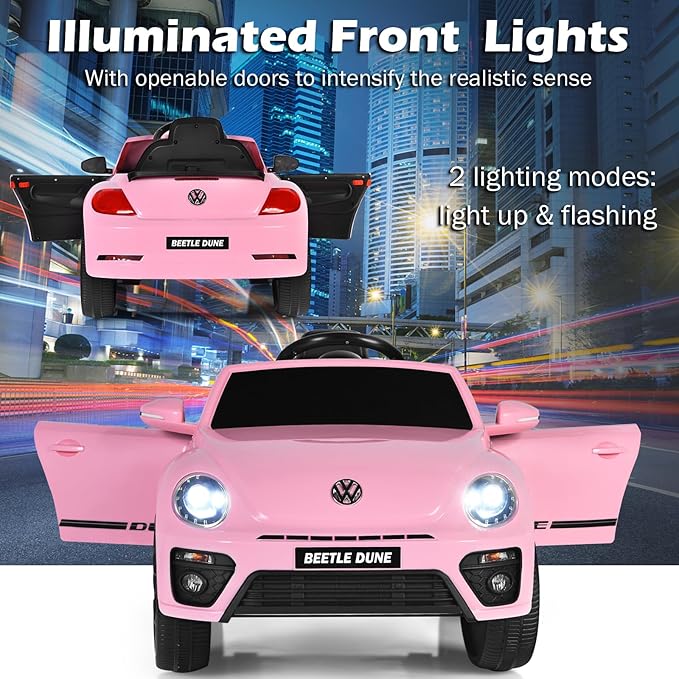 Costzon Ride on Car, 12V Licensed Volkswagen Beetle Battery Powered Vehicle w/Remote Control, Spring Suspension, Lights, USB, Horn, Music, 4 Wheeler for Boy Girl Gift, Electric Car for Kids, Pink-CubbioJoy