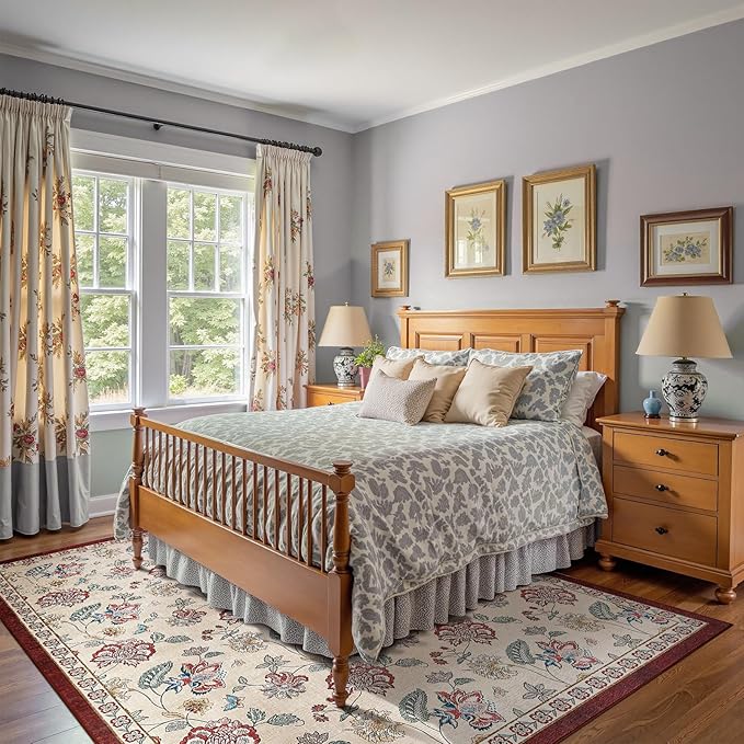 jinchan 8x10 Floral Rug for Living Room Washable Bedroom Rug Vintage Romance Design Non Slip Thin Indoor Floor Cover Large Low-Profile Throw Carpet for Dining Room Office, Red/Beige-CubbioJoy