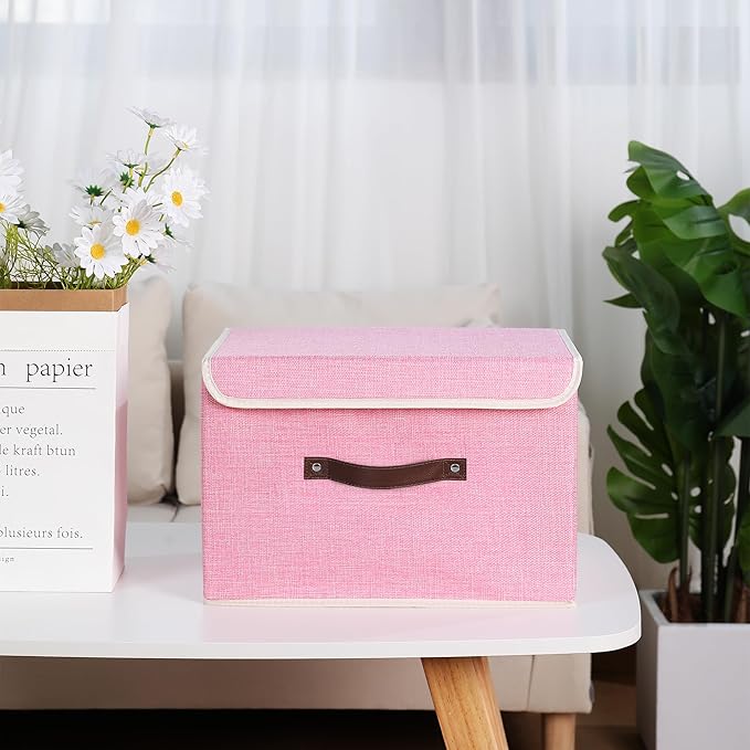 ANMINY Storage Bin with Lid Storage Boxes with PU Leather Handles PP Plastic Board Decorative Foldable Lidded Cotton Linen Fabric Home Cubes Baskets Closet Organizer Container - Pink, Large Size-CubbioJoy