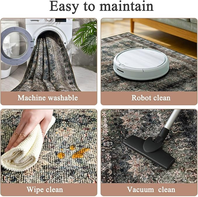 4x6 Area Rug for Bedroom Machine Washable, Non Slip Vintage Floral Kitchen Rugs for Dining Room, Rustic Indoor Floor Carpet for Kids Room, Playroom, Farmhouse(Dark Green/Brown/Multi)-CubbioJoy