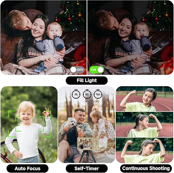 Digital Camera, FHD 4K Digital Camera with 64GB SD Card, 44MP Digital Point and Shoot Camera, 16X Digital Zoom, Anti Shake, 3-LED Fill Lights, Compact Camera for Kids Teen Boys Girls, Gold-CubbioJoy