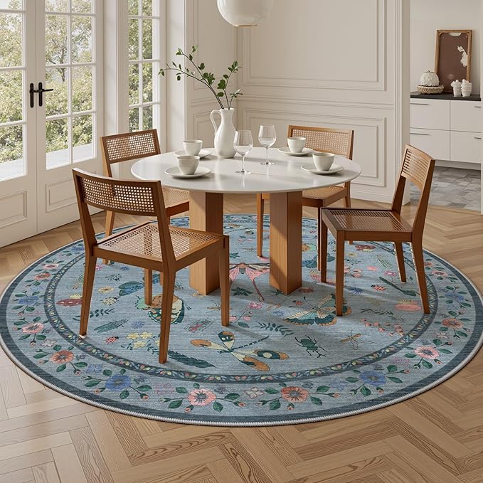 6ft Washable Round Rug - Bug Rugs for Living Room Non-Slip Low Pile Soft Ultra-Thin Machine Washable Circle Carpet for Bedroom, Entryway, Nursery, Kitchen, Home Office (6' Round Blue)-CubbioJoy
