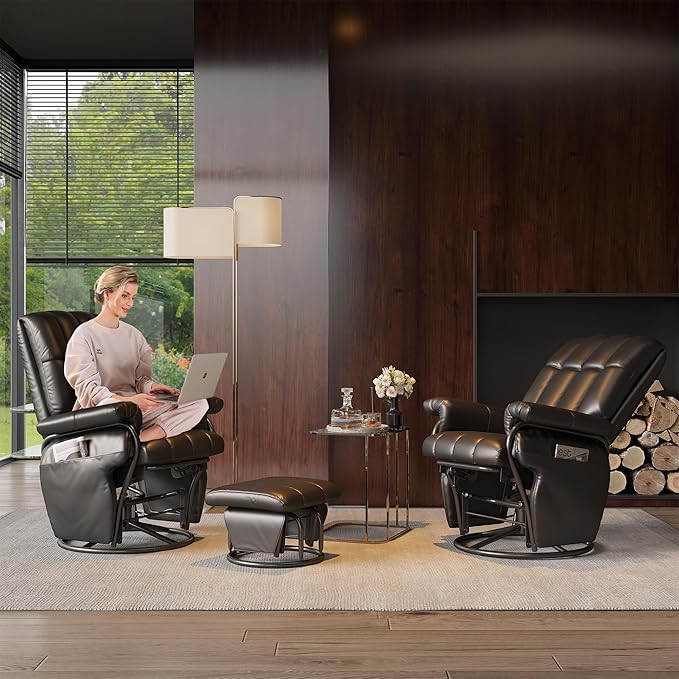 JIASTING 360° Swivel Recliner Chair with Ottoman & Double Side Pockets, Nursing Glider Rocking Recliner Chair, Gliding Chair for Nursery, Living Room, Office, Bedroom, Metal Frame (Black 1)-CubbioJoy