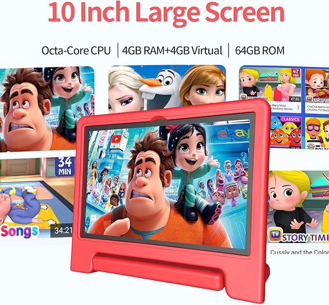 JREN Tablet for Kids｜10 Inch Kids Tablet Android 14｜Octa-core｜64GB｜WiFi ｜Bluetooth｜Parental Control｜Children Content｜Children Toddler Red-CubbioJoy