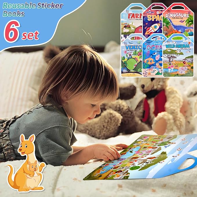 6 Set (260pcs) Puffy Sticker Books Activity for Kids, Animal, Farm, Dinosaurs, Space, Vehicle, Ocean, 3D Reusable Stickers for Boys and Girls, Travel Sticker Books for Kids Ages 3+-CubbioJoy