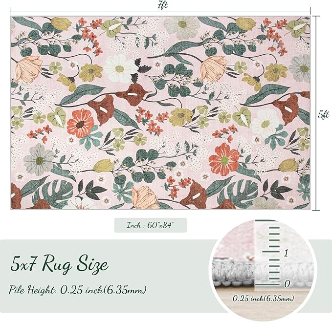 Area Rug Living Room Rugs: 5x7 Washable Rug Vintage Floral Soft Boho Non Slip Carpet Indoor Floor Non Shedding Low Pile Thin Carpets for Bedroom Dining Room Farmhouse Nursery Home Office Light Pink-CubbioJoy