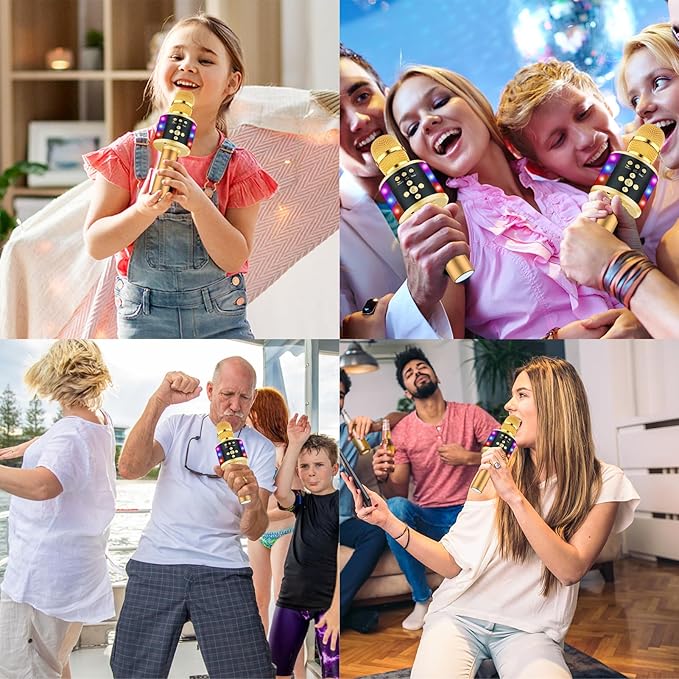 BONAOK Karaoke Microphone for Kids & Adults - Bluetooth Microphones Singing Mic with Disco Lights, Echo Effect, Built-in Speaker Portable Karaoke Player for Party Travel Gifts Q78(Gold)-CubbioJoy