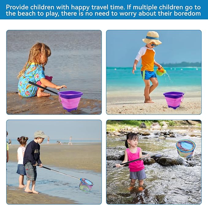 2PCS Fishing Net with Bucket, Telescopic Fishing Landing Net, Collapsible Kids Sand Bucket, Kids Fish Butterfly Catching for Freshwater Saltwater Outdoor Activities-CubbioJoy