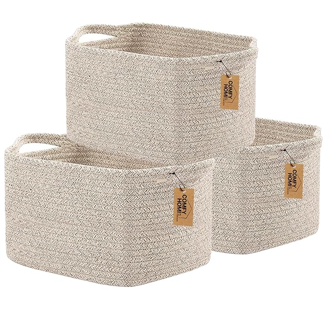 COMFY-HOMI 3PACK Cotton Rope Woven Basket With Handles for Shelves, Toy, Book, Cloth Storage Basket for Organizing|13.5" x 11" x 9.5" Decorative Nursery Cube Bin for Living Room（all brown）-CubbioJoy