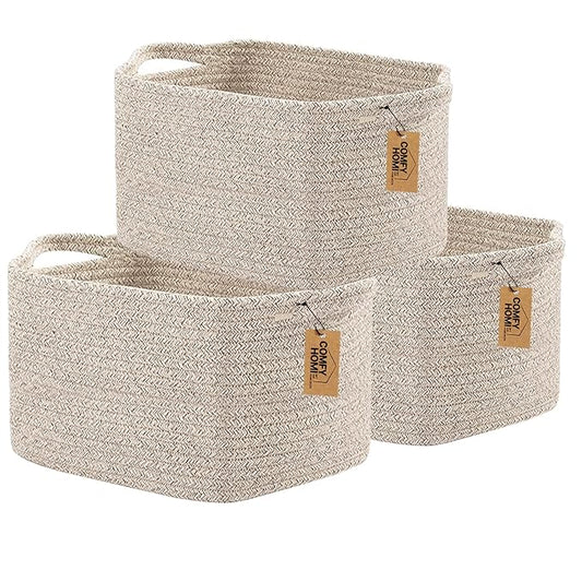 COMFY-HOMI 3PACK Cotton Rope Woven Basket With Handles for Shelves, Toy, Book, Cloth Storage Basket for Organizing|13.5" x 11" x 9.5" Decorative Nursery Cube Bin for Living Room（all brown）-CubbioJoy