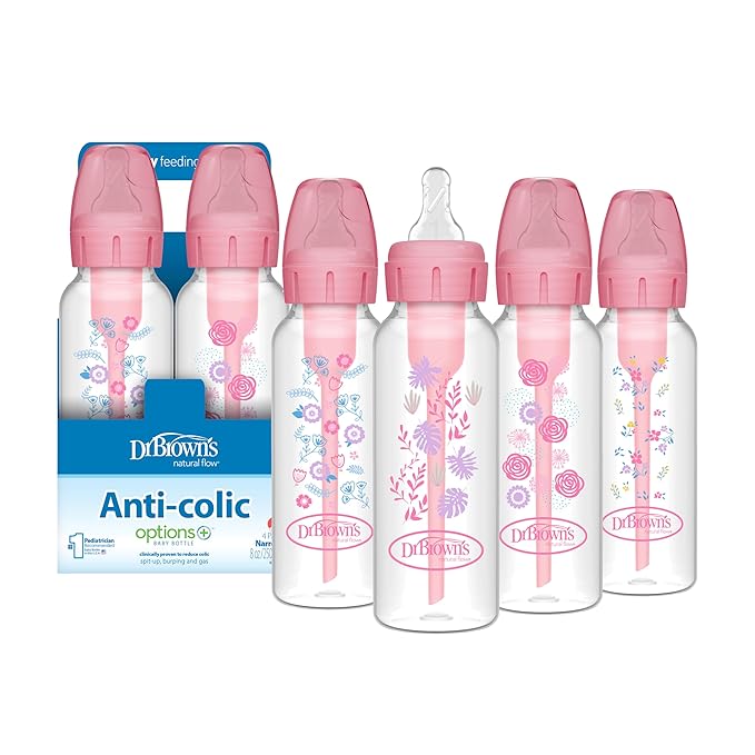 Dr. Brown's Natural Flow Anti-Colic Options+ Narrow Baby Bottle, Pink Floral, 8 oz/250 mL, with Level 1 Slow Flow Nipples, 0m+, 4 Pack-CubbioJoy