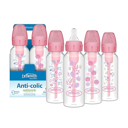 Dr. Brown's Natural Flow Anti-Colic Options+ Narrow Baby Bottle, Pink Floral, 8 oz/250 mL, with Level 1 Slow Flow Nipples, 0m+, 4 Pack-CubbioJoy