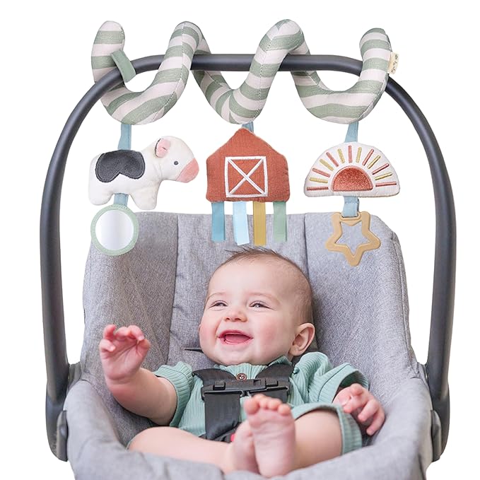 Itzy Ritzy Spiral Car Seat & Stroller Activity Toy - Stroller & Car Seat Toys for Ages 0 Months and Up - Hanging Toys Include Dangling Ring, Mirror and Textured Ribbons (Farm)-CubbioJoy