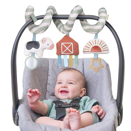 Itzy Ritzy Spiral Car Seat & Stroller Activity Toy - Stroller & Car Seat Toys for Ages 0 Months and Up - Hanging Toys Include Dangling Ring, Mirror and Textured Ribbons (Farm)-CubbioJoy