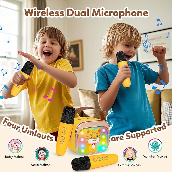 Karaoke Machine for Kids, Portable Mini Karaoke Machine with 2 Wireless Microphones, 4 5 6 7 8 9 10 Years Old Girl Boy Easter Christmas Birthday Gift Tiger Speaker Toys-CubbioJoy