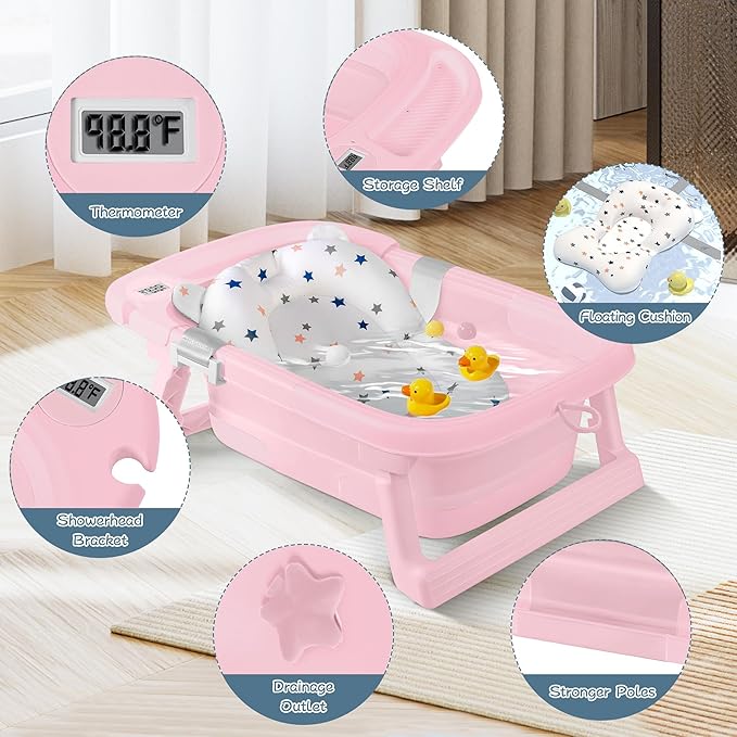 Collapsible Baby Bathtub,Baby Bath Tub with Thermometer & Soft Cushion,Baby Bathtub for Newborn to Toddler 0-36 Months,Portable Travel Baby Tub with No-Slip Feet,Baby Shower Gifts,Pure Pink-CubbioJoy