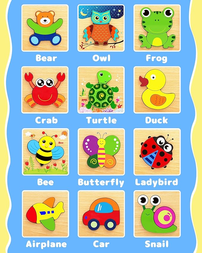 Bekayshad Wooden Puzzles Toddler Toys Gifts for 1 2 3 Year Old Boys Girls, 12 Pack Animal Jigsaw Puzzles Montessori Toys, Learning Educational Birthday Gifts for Girls Boys Ages 1-3-CubbioJoy