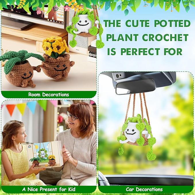 Crochet Kit for Beginners - 3 PCS Potted Plants Crochet Kit with Step-by-Step Video Tutorials, Beginner Crochet Kits for Adults Kids, Potted Plant with Swing Crocheting Set-CubbioJoy