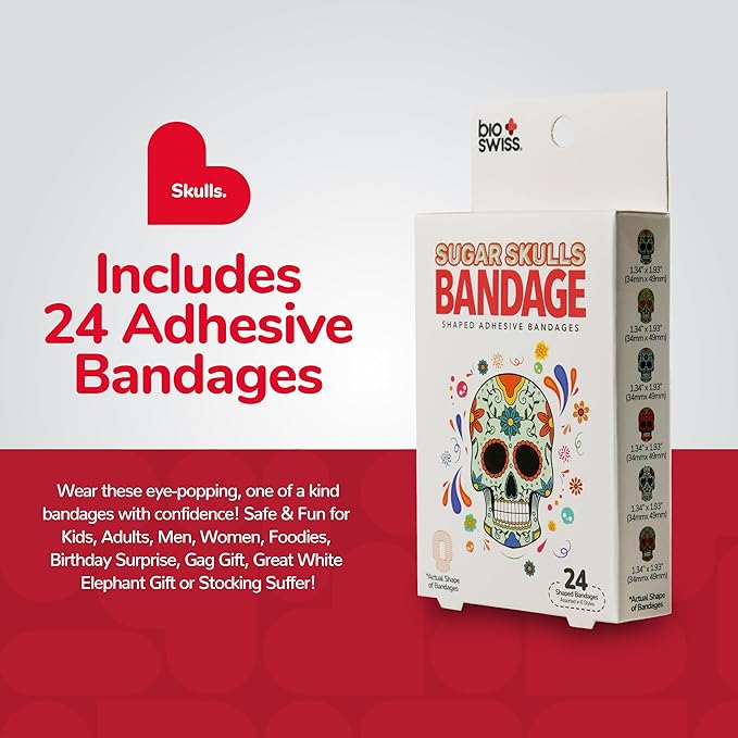 BioSwiss Bandages, Sugar Skull Shaped Self Adhesive Bandage, Latex Free Sterile Wound Care, Fun First Aid Kit Supplies for Kids, 24 Count-CubbioJoy