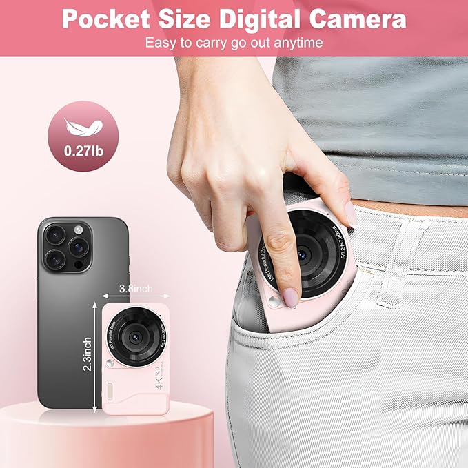 Digital Camera, 4K 64MP, 18X Zoom, Point and Shoot Digital Camera with 64GB TF Card & 2 Batteries, Portable Rechargeable Small Camera for Kids Teens Adult, Pink-CubbioJoy