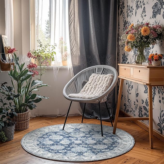 jinchan Round Rug 4ft Area Rug - Indoor Vintage Hallway Circle 4' Washable - Ultra-Thin Low Pile Soft Small Non Slip Distressed Floral Print for Living Room Dining Room Bedroom Entryway Dark Blue-CubbioJoy