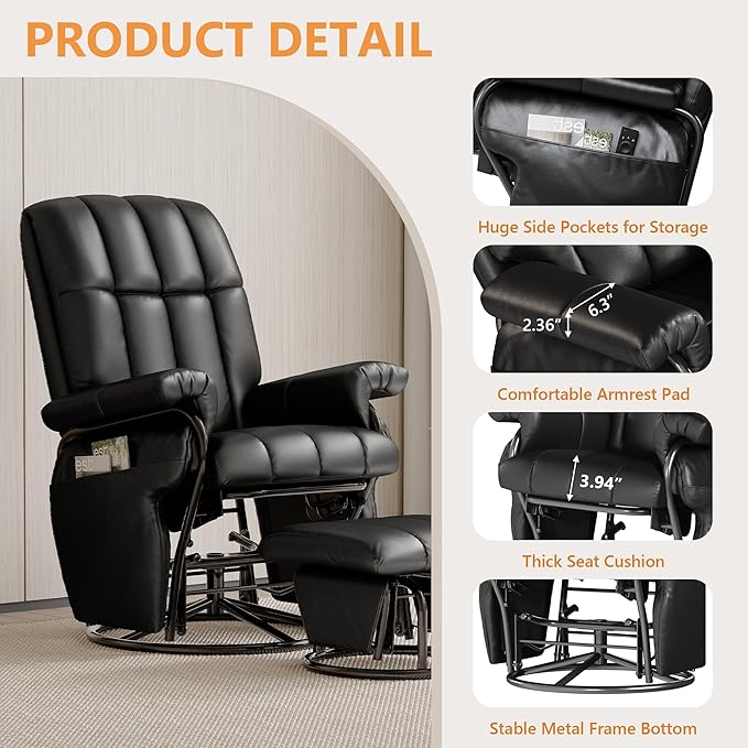 JIASTING 360° Swivel Recliner Chair with Ottoman & Double Side Pockets, Nursing Glider Rocking Recliner Chair, Gliding Chair for Nursery, Living Room, Office, Bedroom, Metal Frame (Black 1)-CubbioJoy