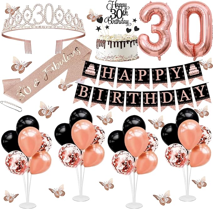 30th Birthday Decorations for Women - 56pcs Rose Gold Happy 30th Banner, 30th Birthday Crown Sash, Cake Topper, Number 30 balloons, 3D Butterflies, 4 Balloon Stands kits-CubbioJoy