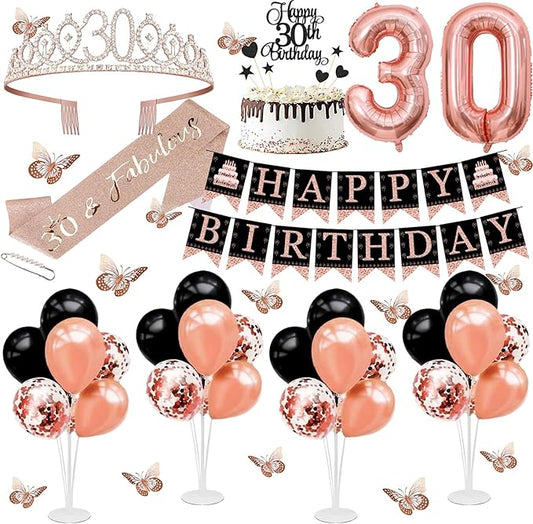 30th Birthday Decorations for Women - 56pcs Rose Gold Happy 30th Banner, 30th Birthday Crown Sash, Cake Topper, Number 30 balloons, 3D Butterflies, 4 Balloon Stands kits-CubbioJoy