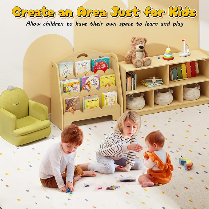 3-Tier Montessori Wooden Bookshelf for Kids, Toddler Book Rack Toy Organizer and Storage, Small Book Display Stand for Baby, Bookshelves Furniture for Classroom, Nursery, Playroom, Library-CubbioJoy