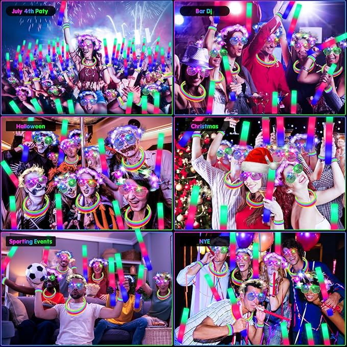 142 PCS Glow in the Dark Party Supplies, 14PCS Foam Glow Sticks, 14PCS Light Up Headband,14PCS LED Glasses and 100PCS Glow Sticks Bracelets,for Glow Party, New Year, Wedding, Concert, Birthday-CubbioJoy