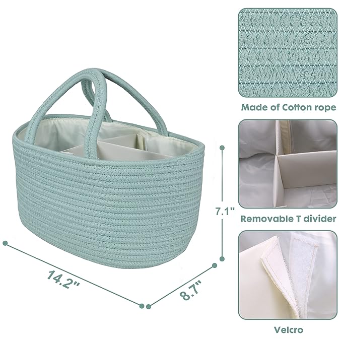 Diaper Caddy Organizer for Baby Cotton Rope Nursery Storage Bin Basket Portable Holder Tote Bag for Changing Table Car Travel Baby Shower Gifts Newborn Essentials Registry Must Haves Light Green-CubbioJoy