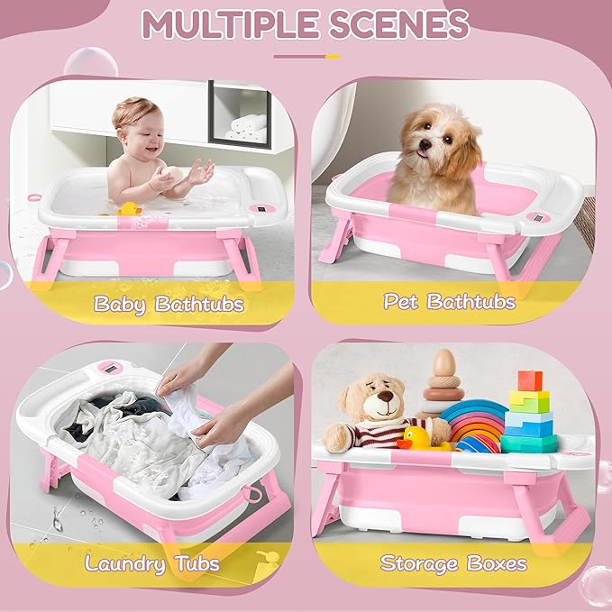 Collapsible Baby Bathtub,Baby Bath Tub with Thermometer & Soft Cushion,Baby Bathtub for Newborn to Toddler 0-36 Months,Portable Travel Baby Tub with No-Slip Feet,Baby Shower Gifts,Pink-CubbioJoy