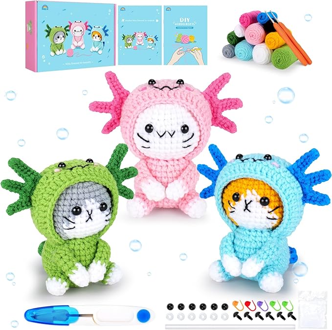 Crochet Kit for Beginners - 3 PCS Axolotl Cat Crochet Kits with Step-by-Step Video Tutorials, Beginner Crochet Kit for Adults, Crochet Cat Dressed as Axolotl Set (Blue & Green & Pink)-CubbioJoy